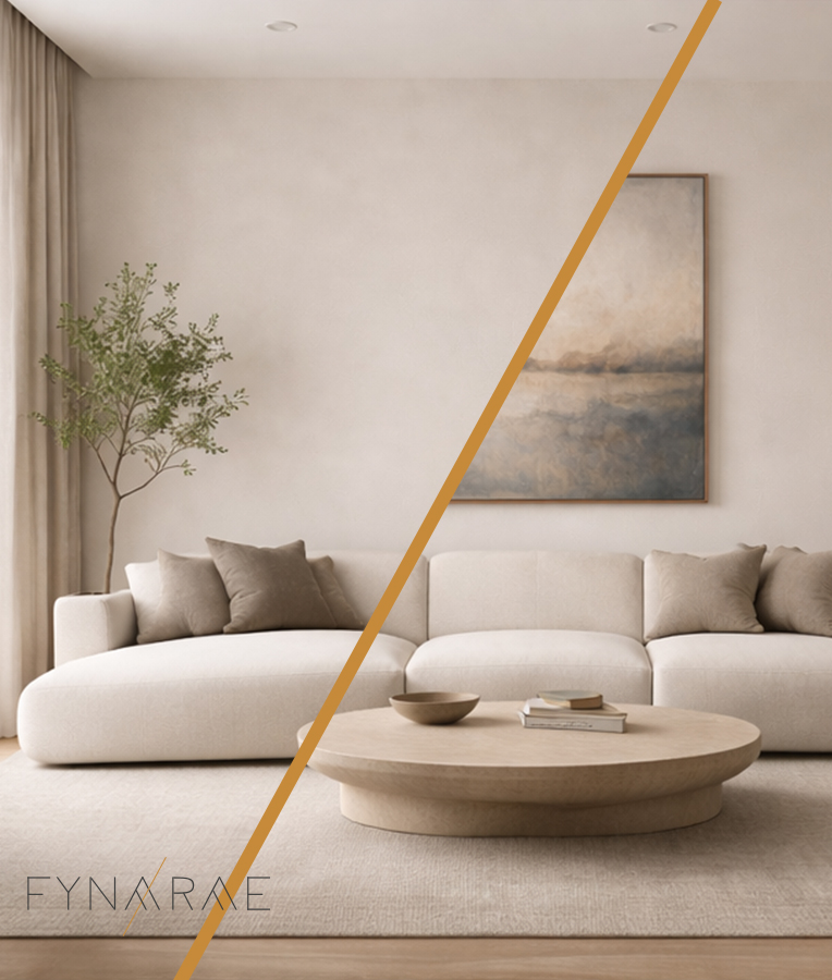 Modern living room in a split screen photo showing the difference between a room with an Emotional Anchor and one without.