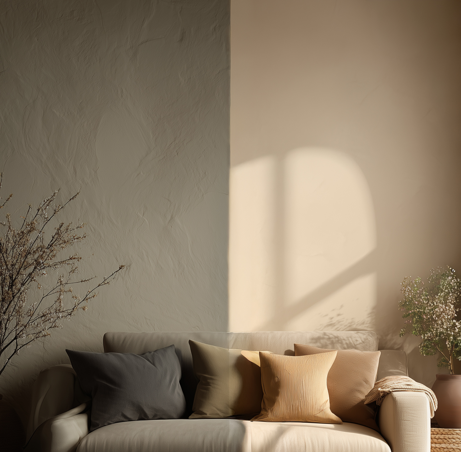 Split screen photo showing the concept of Atmospheric Friction. Room design with fine art selection and sizing.