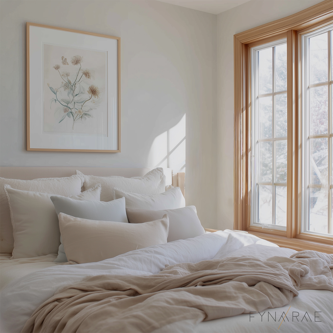 Image of a bedroom and soft light flowing in. One piece of art hangs above the bed to display how the art you choose changes the atmosphere of a room. The perfect piece.